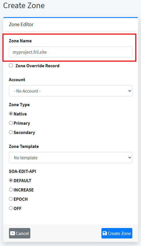 DNS portal creating new zone