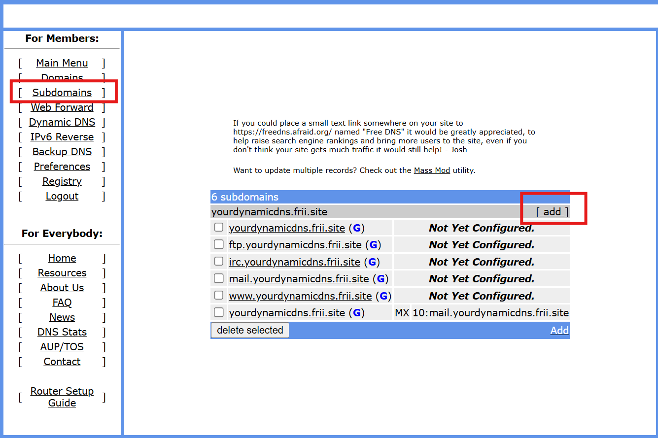 New subdomain button